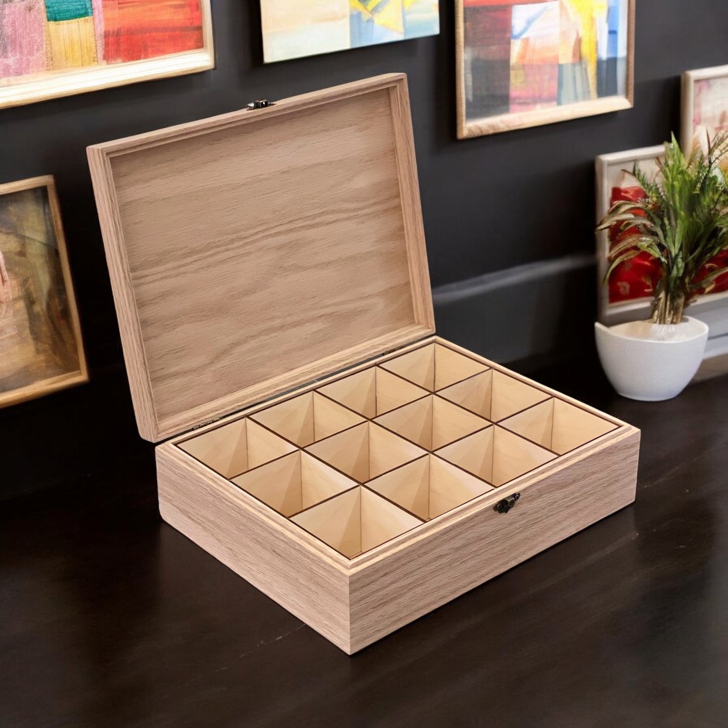 Wood Tea Box with Compartments Personalized Tea Storage Box Gift for Lover of Tea Box Organizer Custom Engraved Storage Box Gift for Grandma