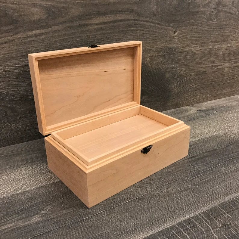 The Designcraft Studio Boxes with trays Unfinished Wood Box with Hinges & Tray-10 x 6 x 3 3/4-handmade gifts-memory boxes-engravable wood box-personalized boxes-small jewelry box