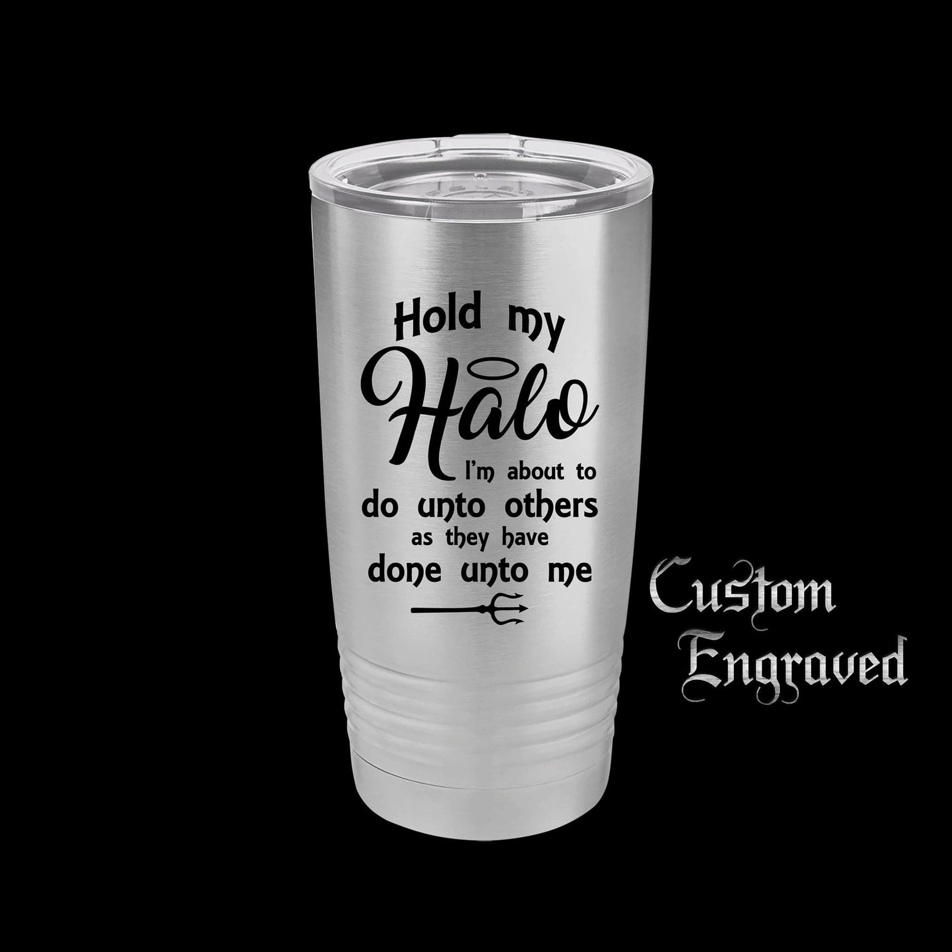 The Designcraft Studio Hold My Halo I'm About To Do Unto Others Travel Mug, Stainless Steel, Powder Coated Tumbler, Polar Camel, Engraved, Coffee Mug, Fun Gift