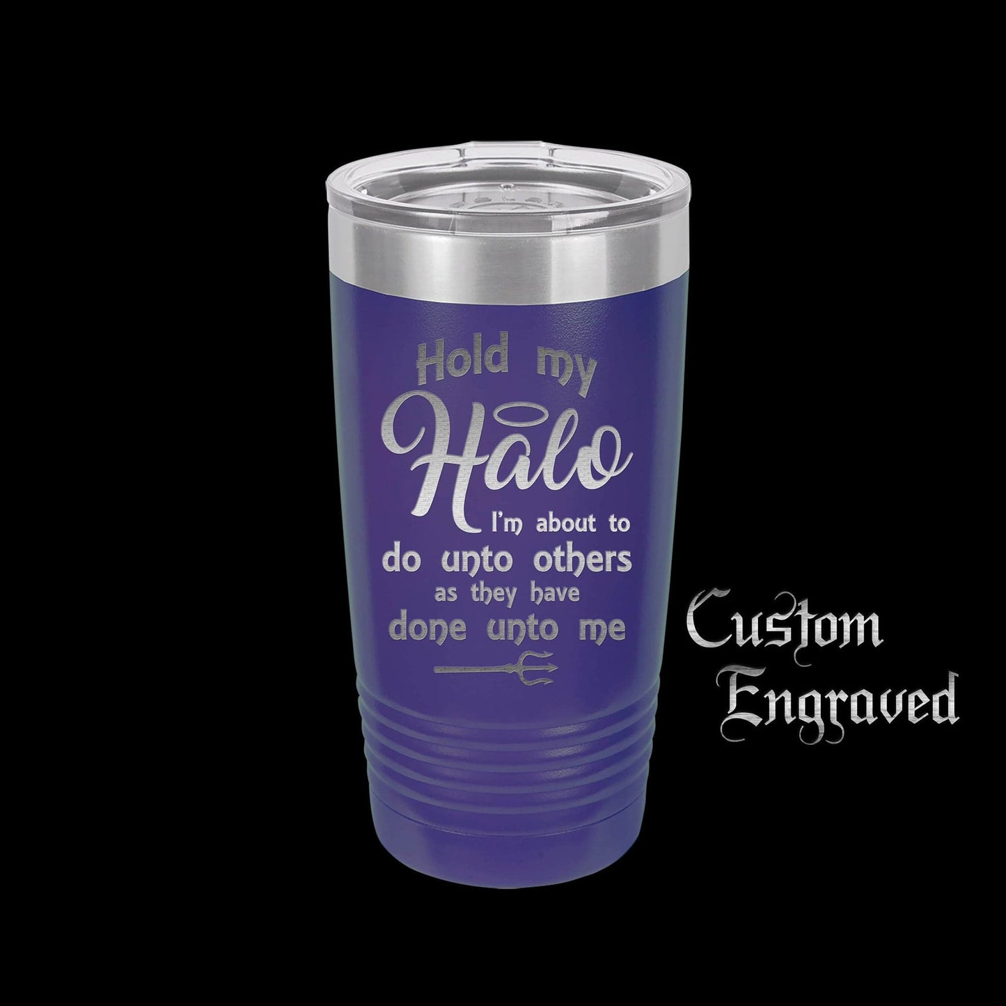 The Designcraft Studio Hold My Halo I'm About To Do Unto Others Travel Mug, Stainless Steel, Powder Coated Tumbler, Polar Camel, Engraved, Coffee Mug, Fun Gift