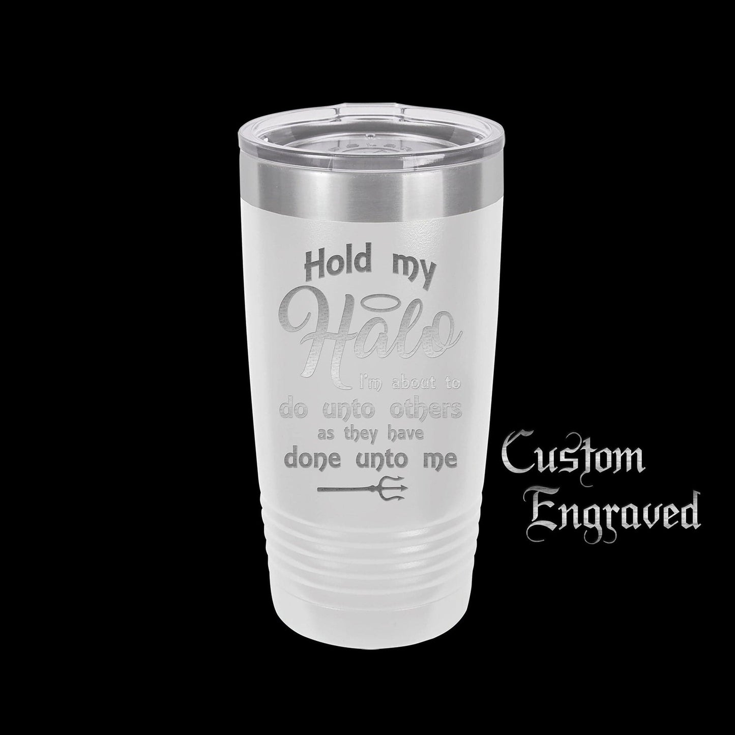 The Designcraft Studio Hold My Halo I'm About To Do Unto Others Travel Mug, Stainless Steel, Powder Coated Tumbler, Polar Camel, Engraved, Coffee Mug, Fun Gift