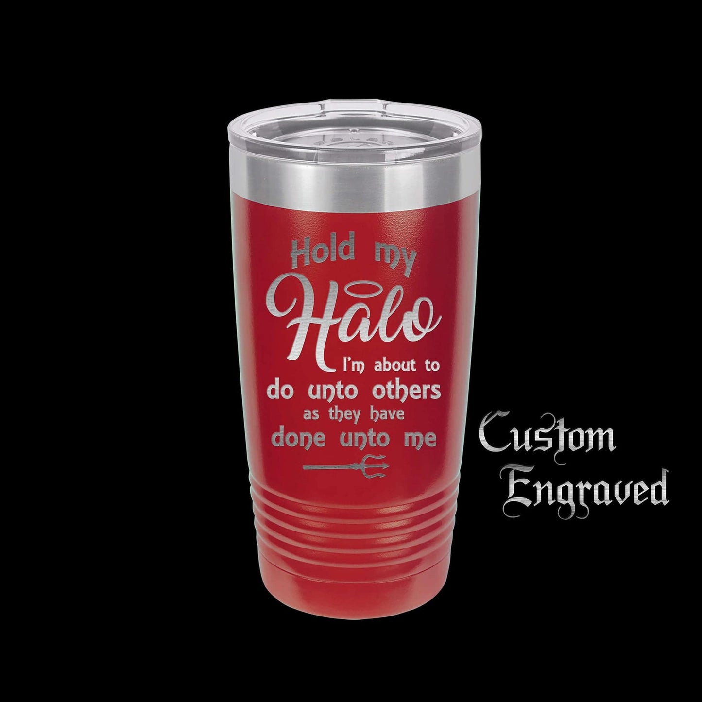 The Designcraft Studio Hold My Halo I'm About To Do Unto Others Travel Mug, Stainless Steel, Powder Coated Tumbler, Polar Camel, Engraved, Coffee Mug, Fun Gift