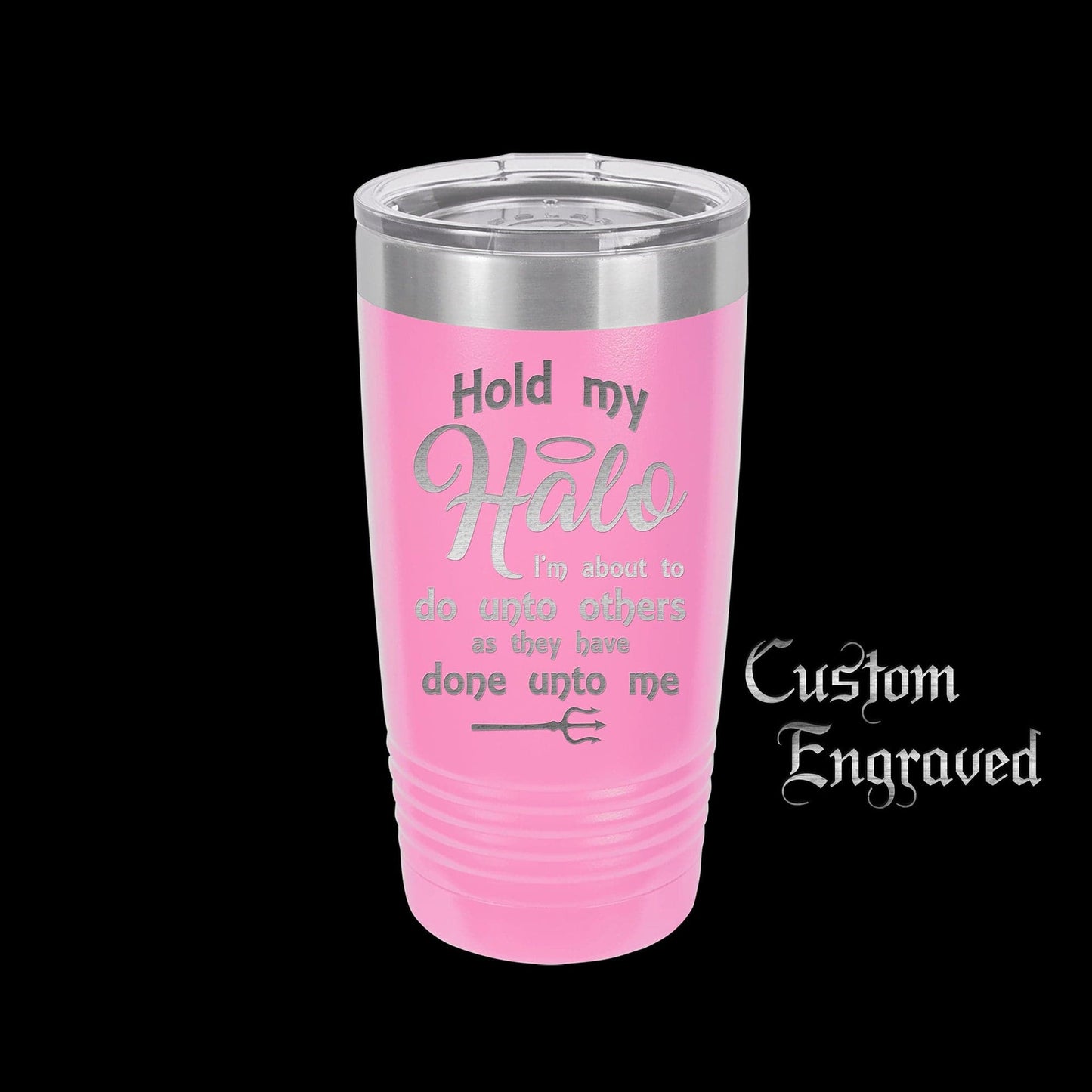 The Designcraft Studio Hold My Halo I'm About To Do Unto Others Travel Mug, Stainless Steel, Powder Coated Tumbler, Polar Camel, Engraved, Coffee Mug, Fun Gift