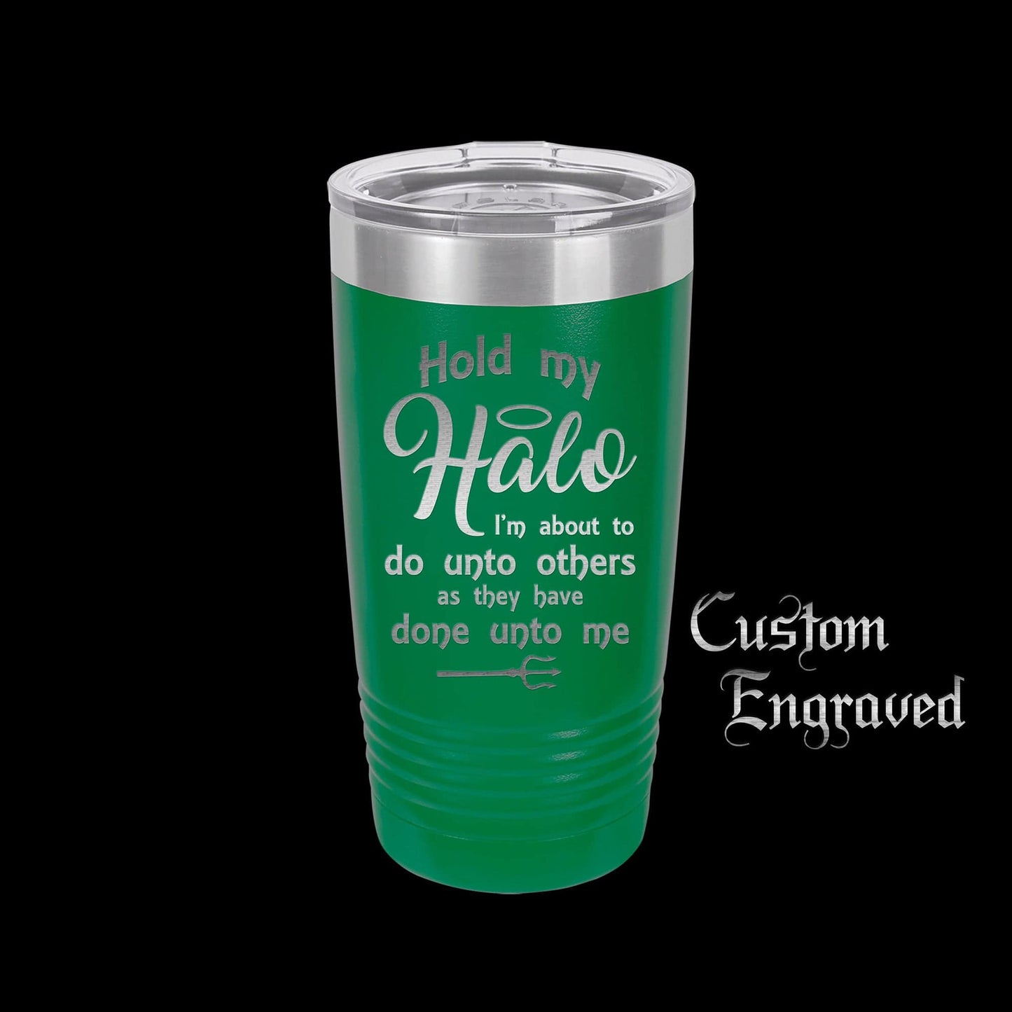 The Designcraft Studio Hold My Halo I'm About To Do Unto Others Travel Mug, Stainless Steel, Powder Coated Tumbler, Polar Camel, Engraved, Coffee Mug, Fun Gift