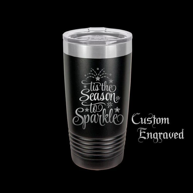 The Designcraft Studio Mugs Black with Silver Ring Tis the Season to Sparkle Travel Mug, Stainless Steel, Powder Coated, Gifts for Her, Christmas Mug, Polar Camel, Engraved, Coffee Mug