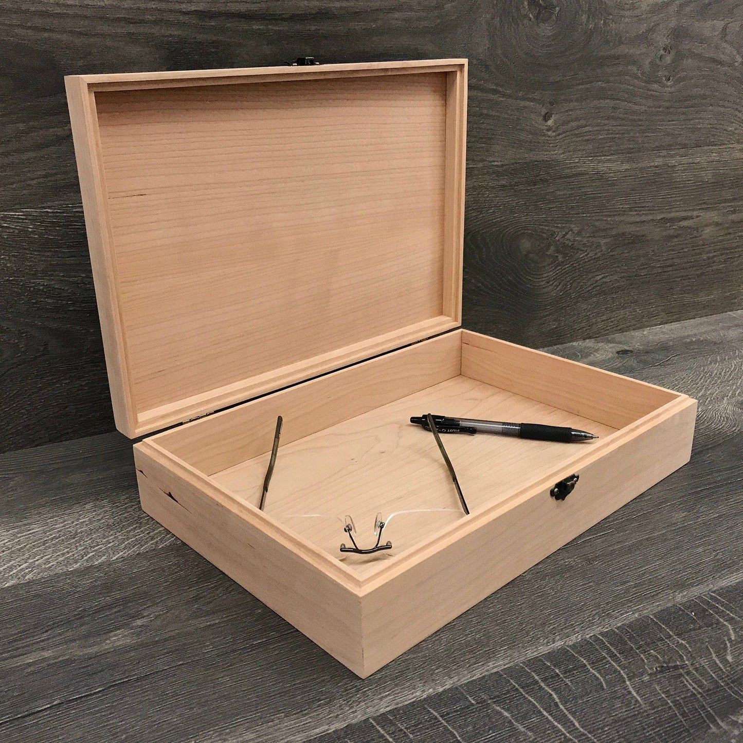 The Designcraft Studio Unfinished Wood Box with Hinge and Latch 13 x 9 x 3 Personalized Laser Engraving Available